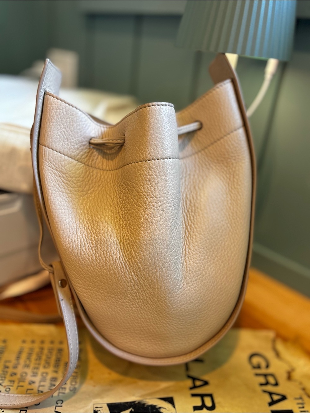 The Row Pebbled Leather Drawstring Bucket Bag Taupe Greige Crossbody VGUC - Picture 10 of 14